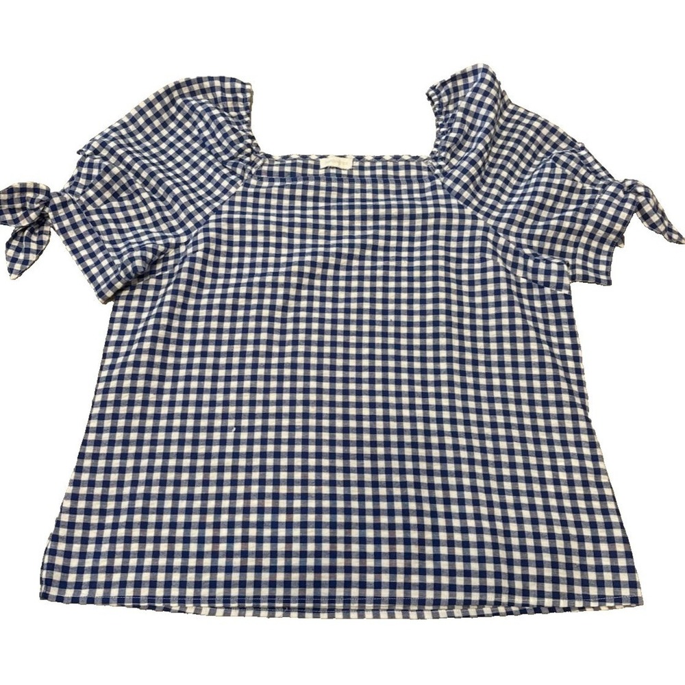 Jennifer‎ Grace Blue Gingham Square Neck Tie Sleeve Cotton Linen Blouse Small